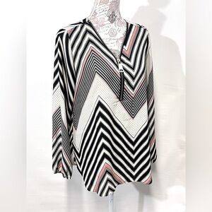 ZAC & RACHEL Beige, black‎ and orange stripe blouse size L.